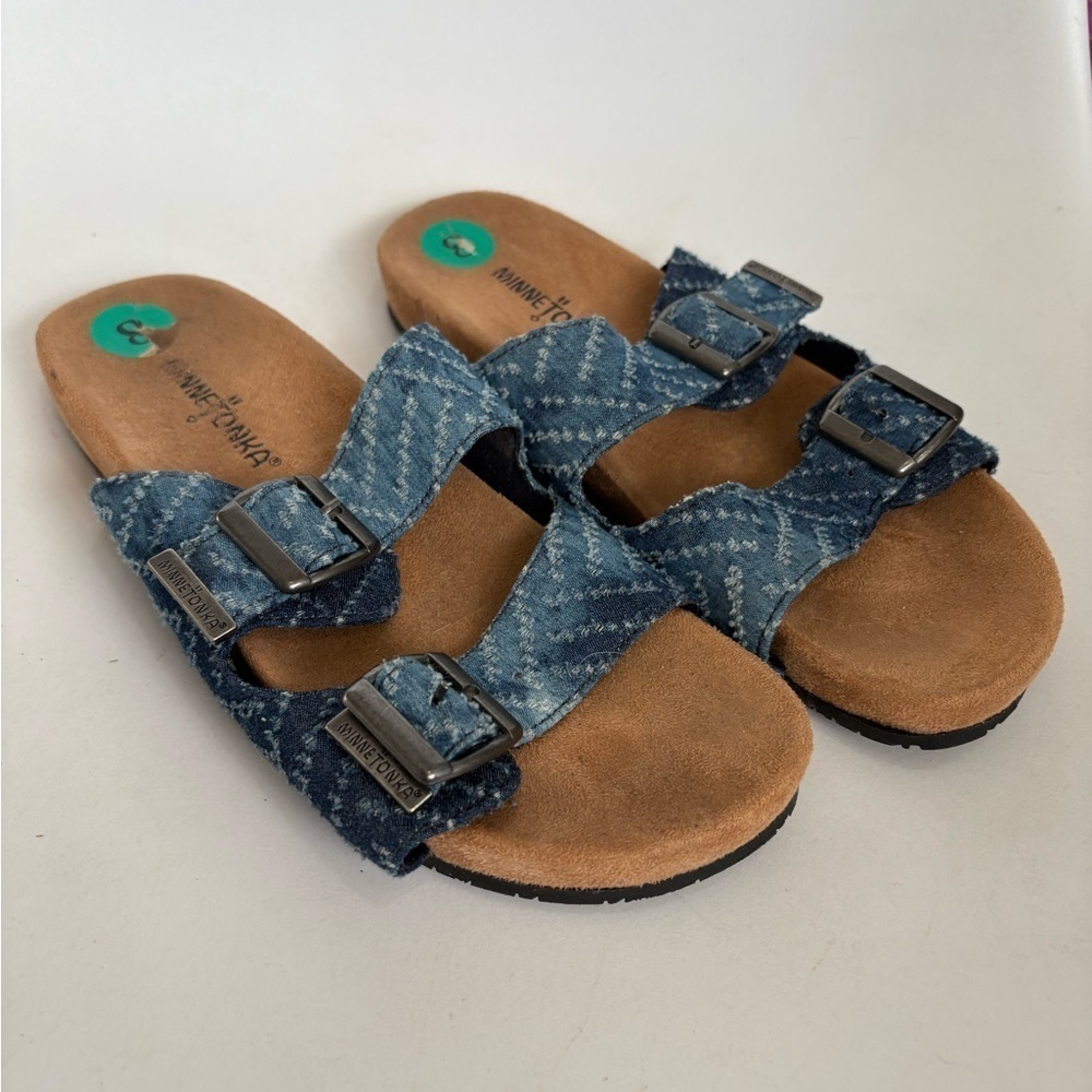 Minnetonka denim double strap Arizona style sandals women’s size 8